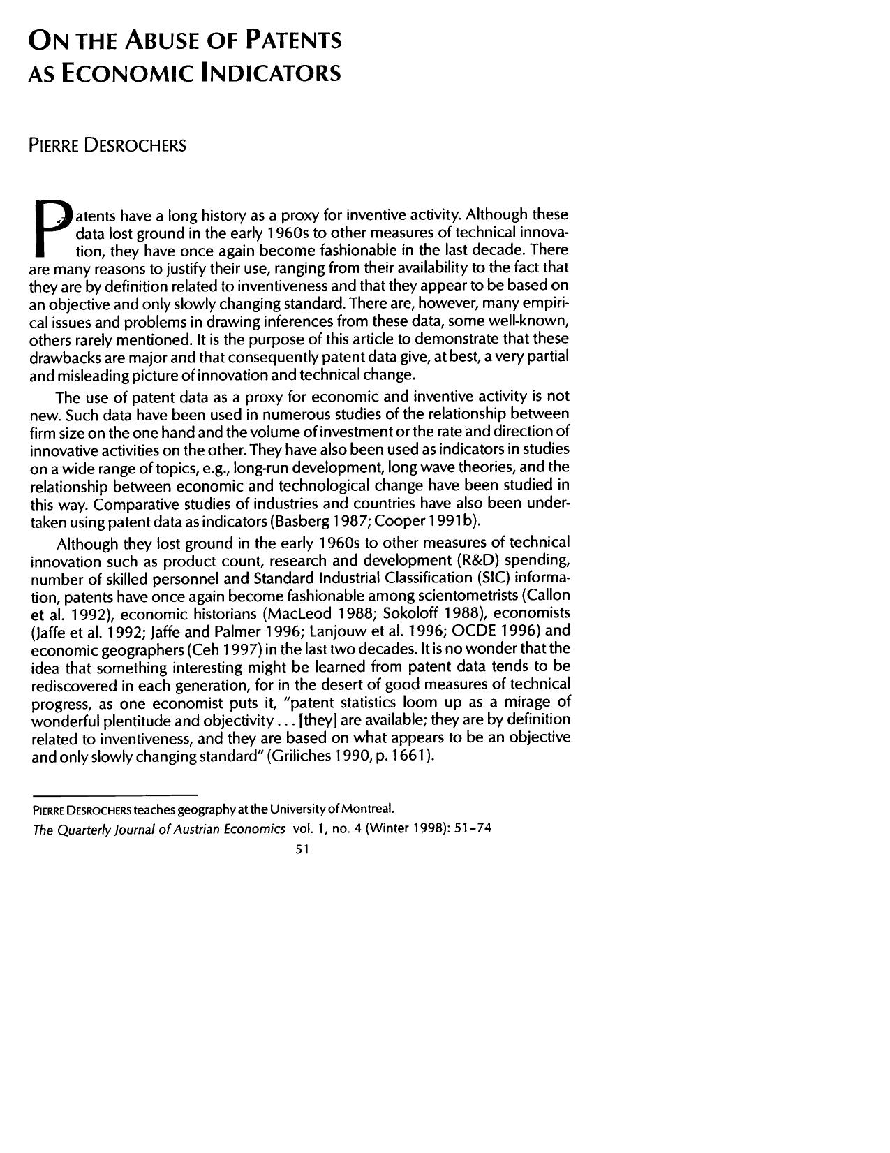 On the Abuse of Patents as Economics Indicators