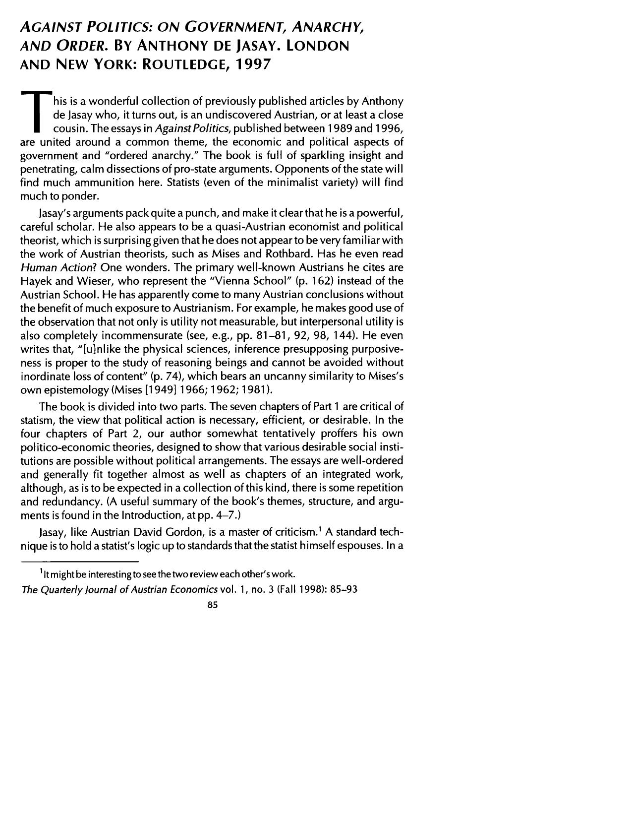 Against Politics: On Government, Anarchy, and Order