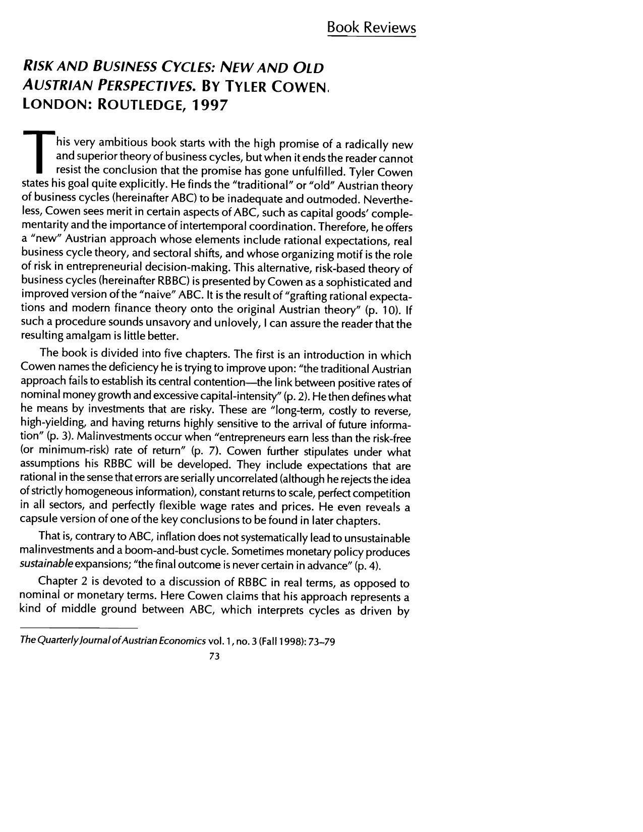 Risk and Business Cycles: New and Old Austrian Perspectives