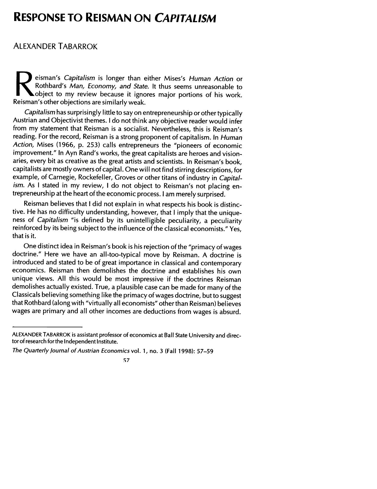 Response to Reisman on Capitalism