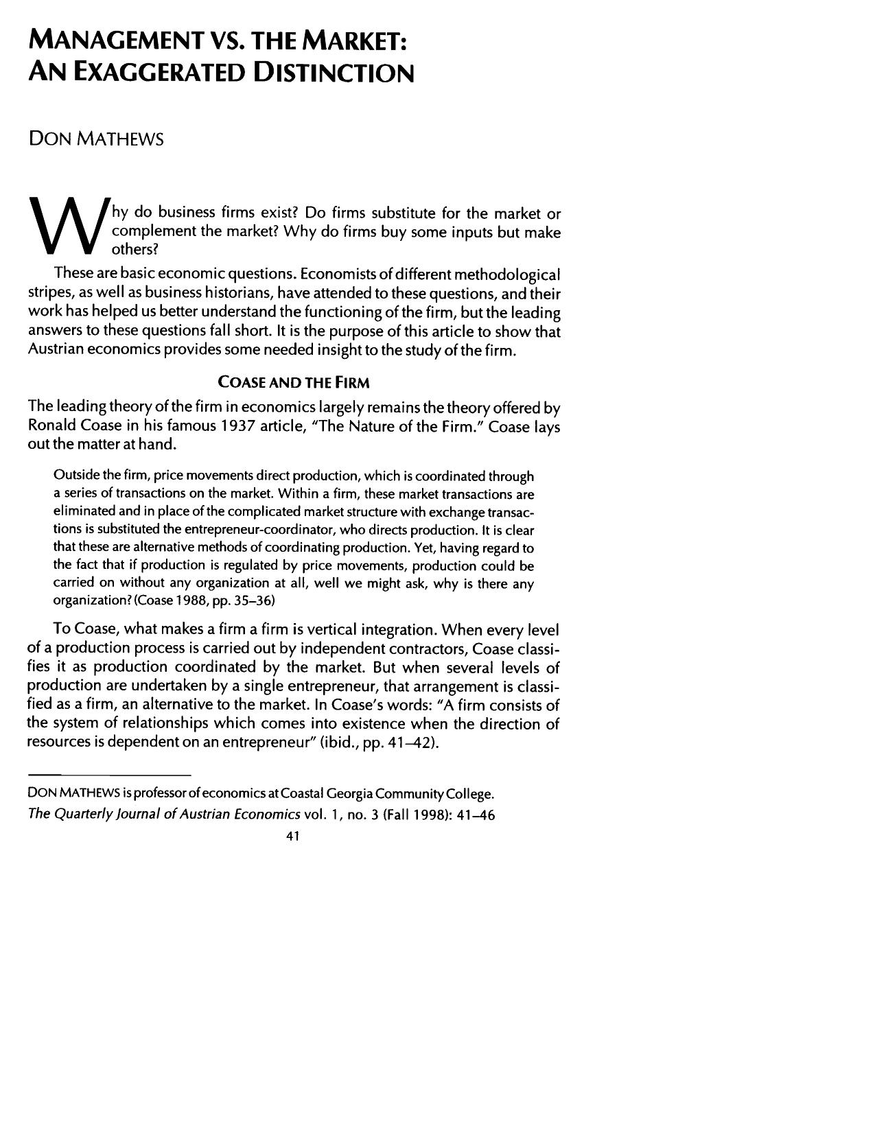 Mangement vs. The Market: An Exaggerated Distinction