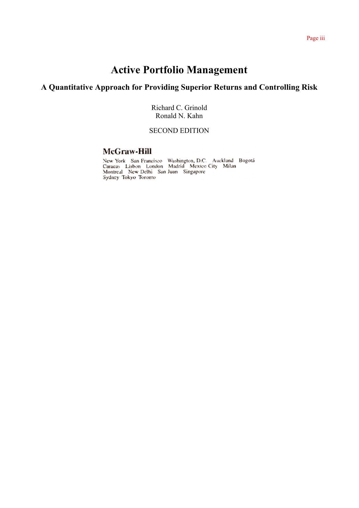 Active Portfolio Management A Quantitative Approach for Producing Superior Returns and Controlling Risk