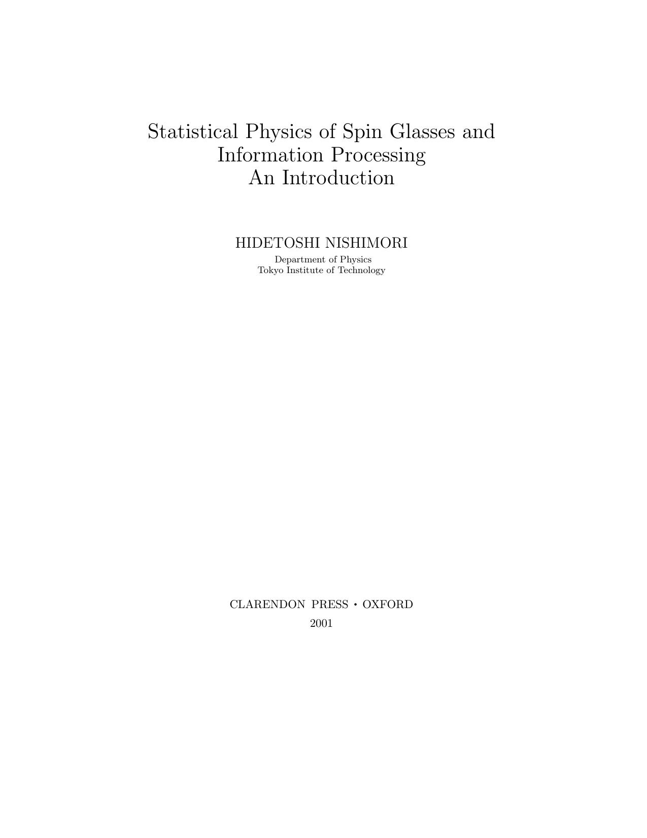 Statistical physics of spin glasses and information processing an introduction