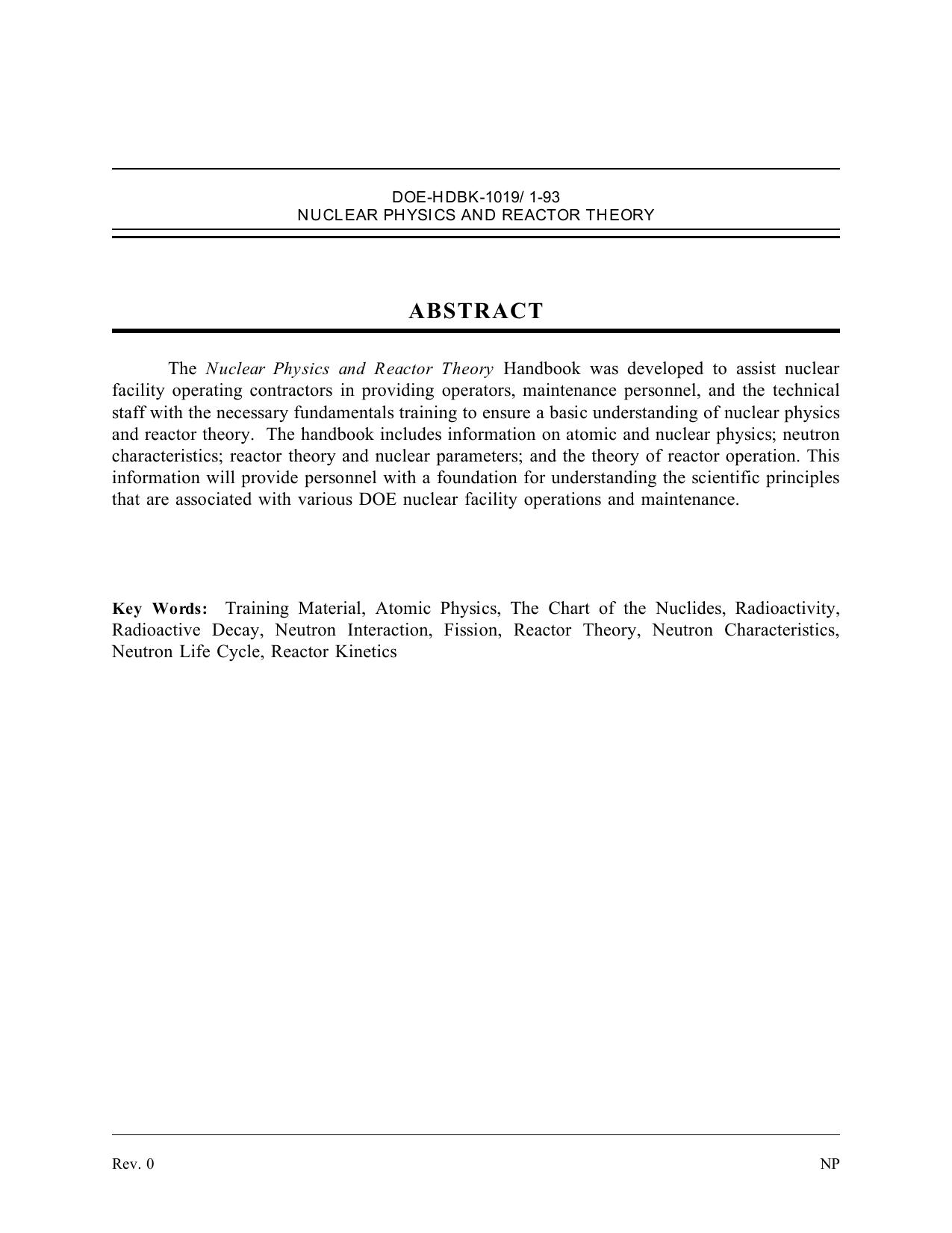 DOE-HDBK-1019/1-93; DOE Fundamentals Handbook Nuclear Physics and Reactor Theory Volume 1 of 2