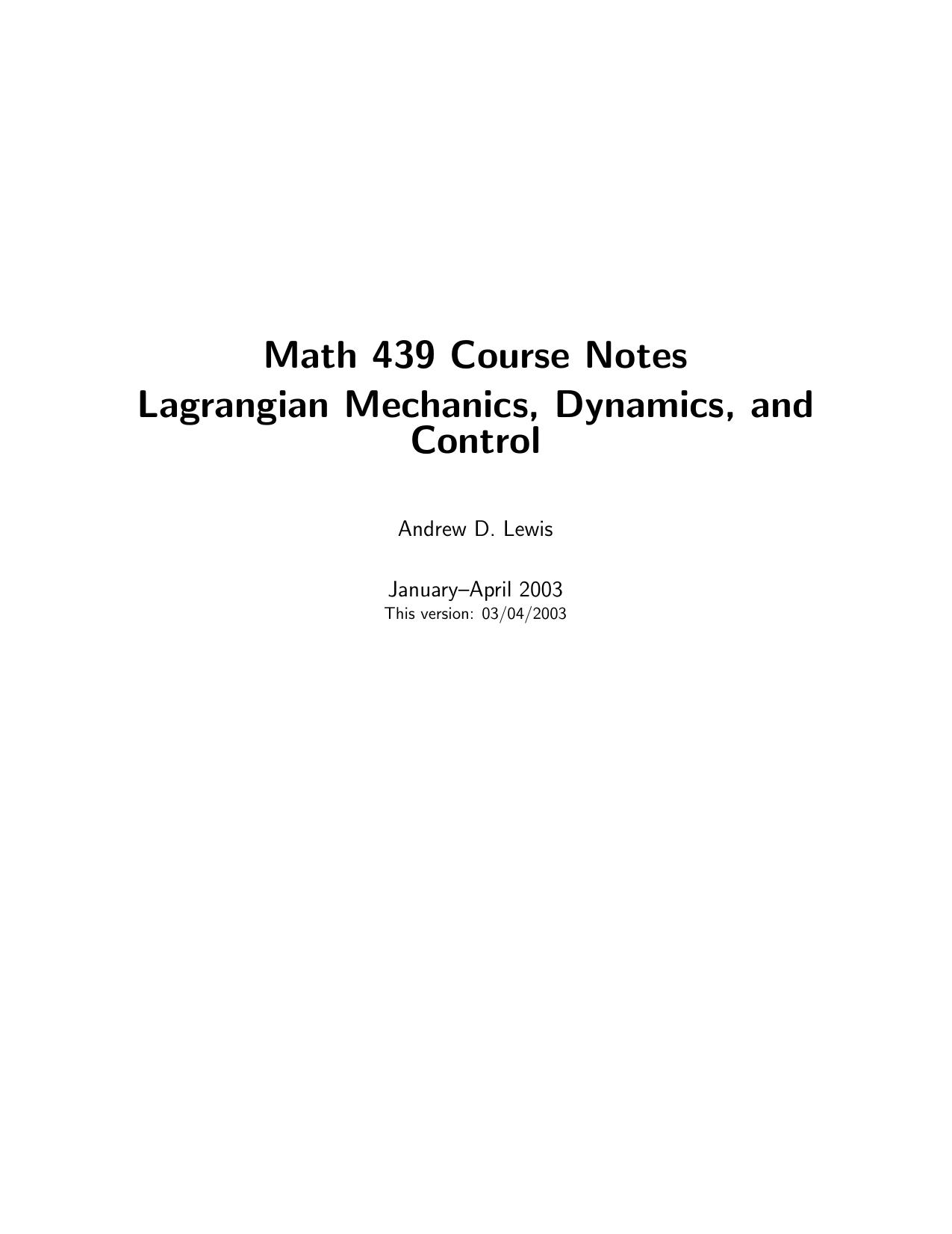Lagrangian Mechanics, Dynamics & Control