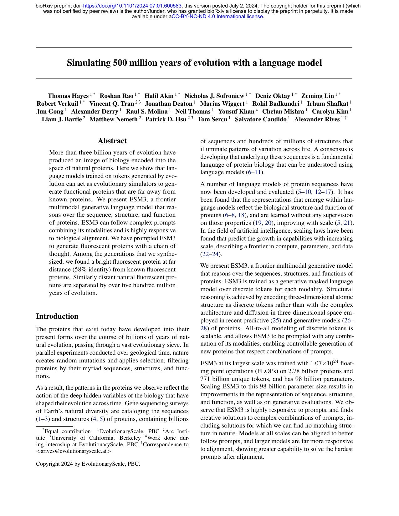 Simulating 500 million years of evolution with a language model