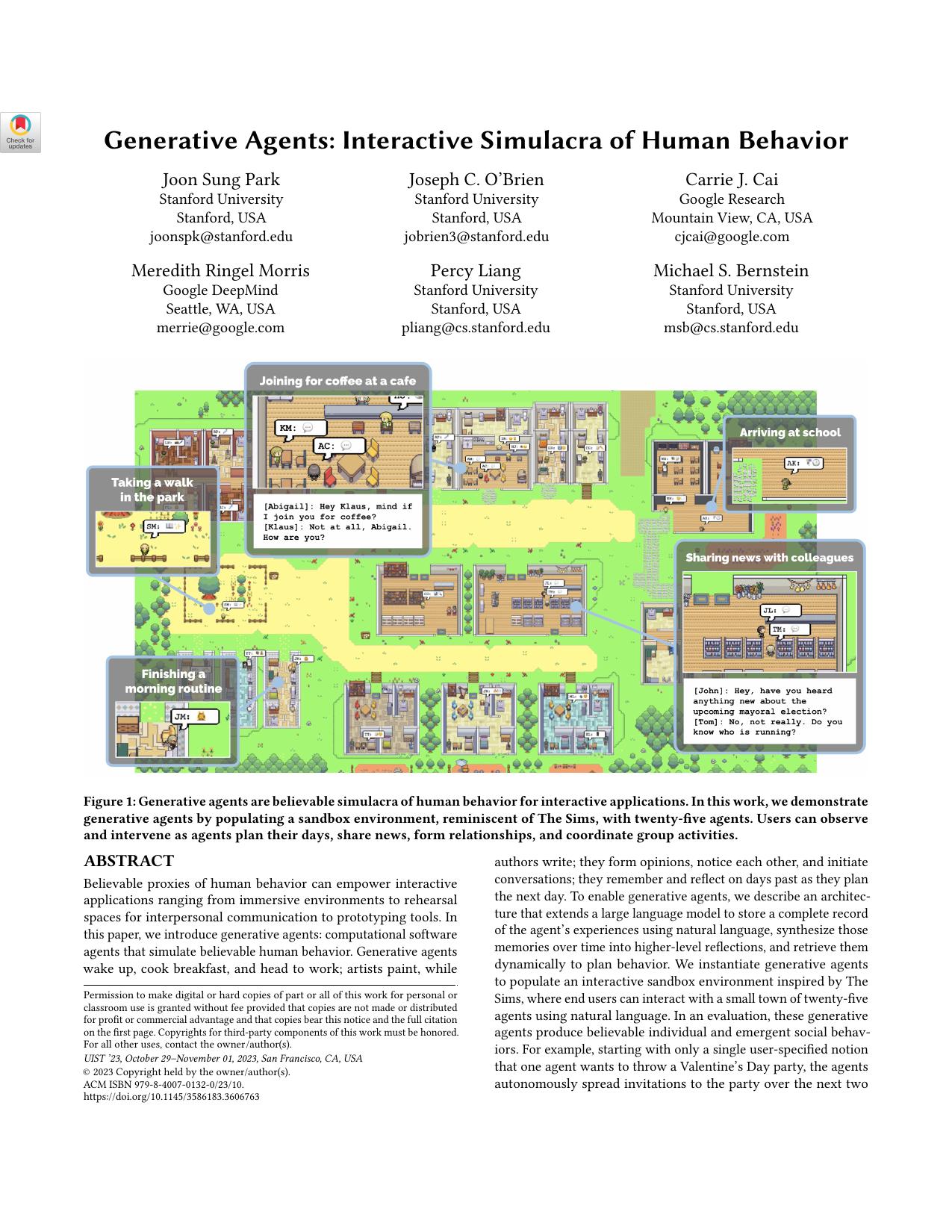 Generative Agents: Interactive Simulacra of Human Behavior