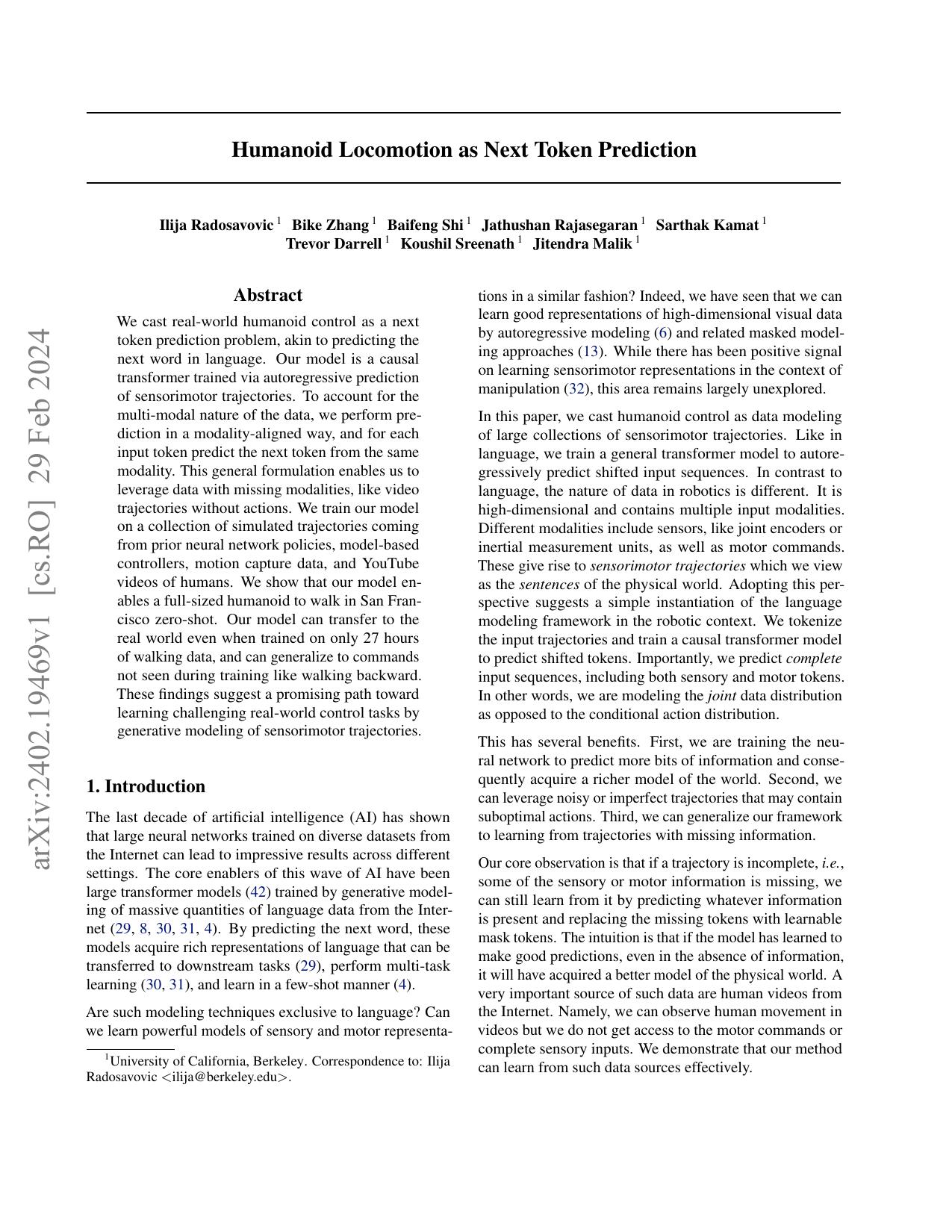 Humanoid Locomotion as Next Token Prediction