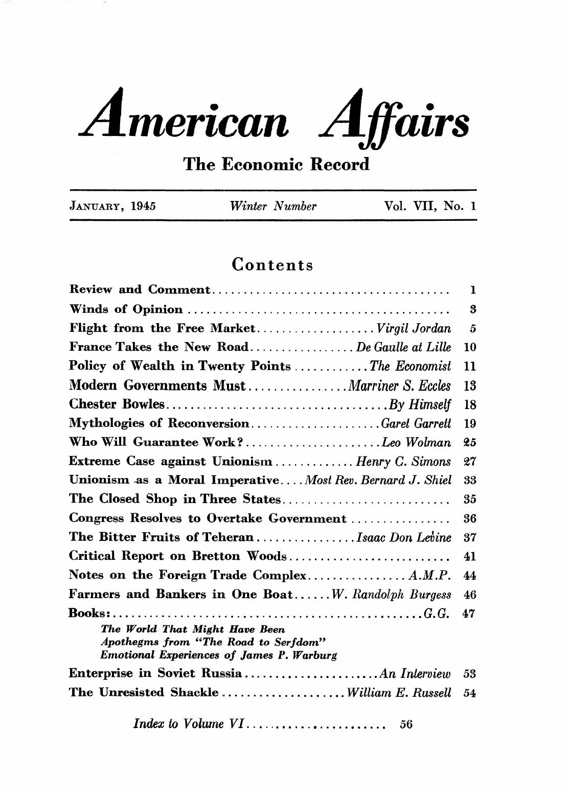 American Affairs, Vol VII, no 1, 1945